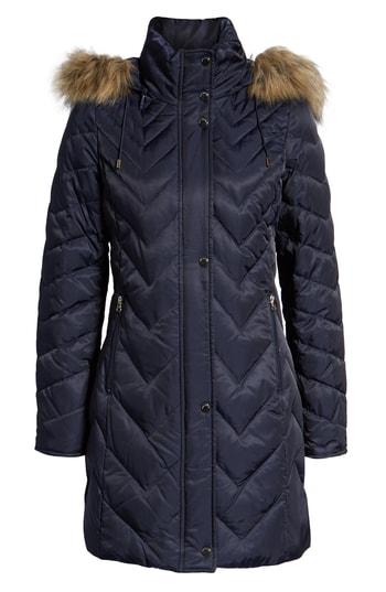 Women's Marc New York Matte Satin Chevron Faux Fur Trim Coat - Blue