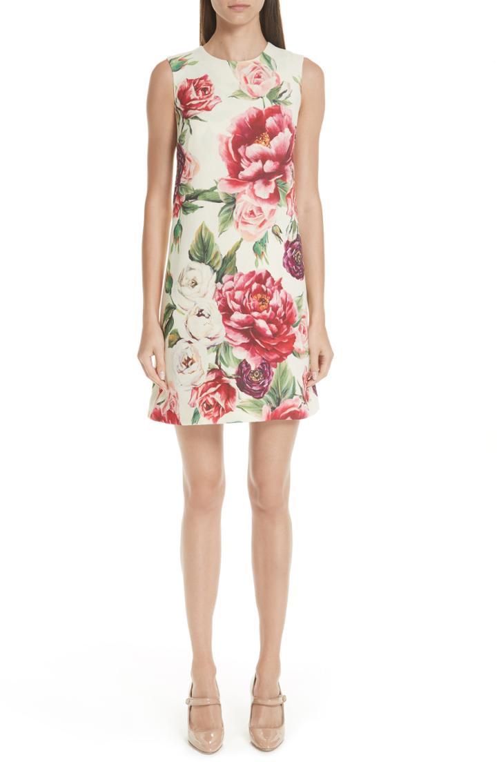Women's Dolce & Gabbana Peony Print Wool Shift Dress Us / 42 It - White