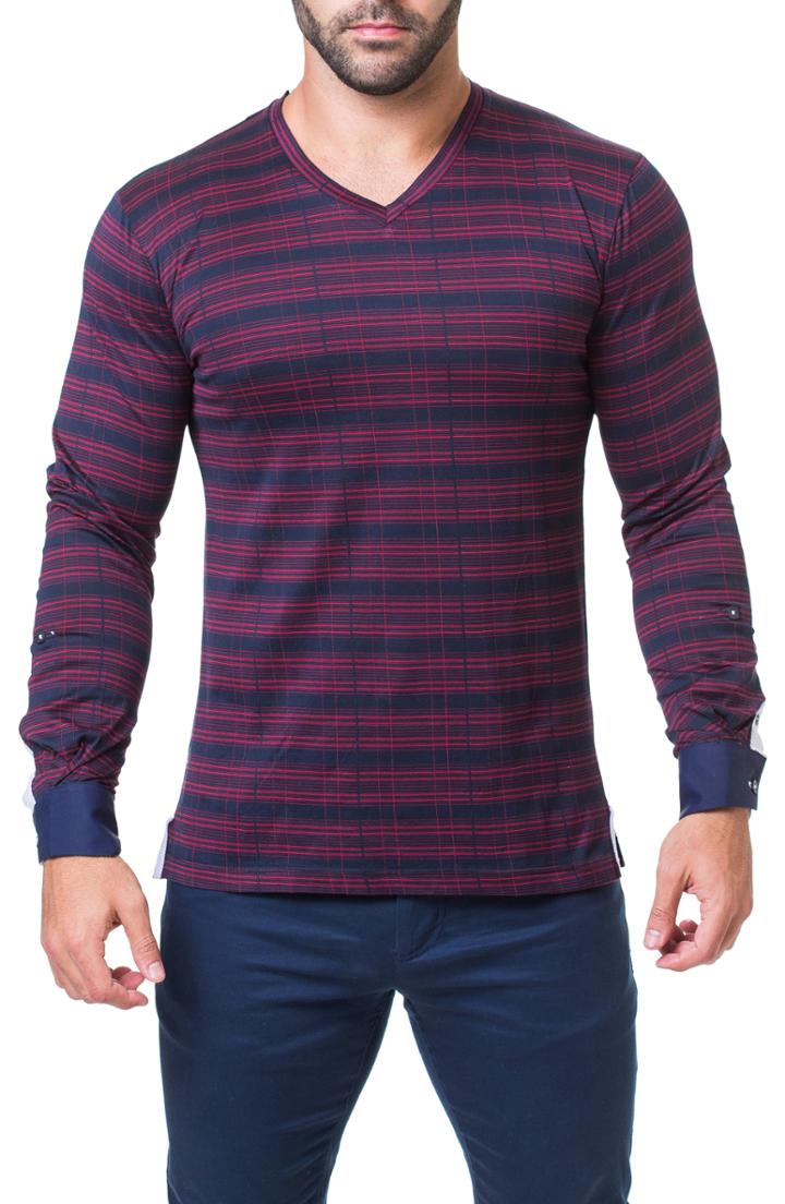 Men's Maceoo Trim Fit Stripe Check V-neck T-shirt (m) - Black