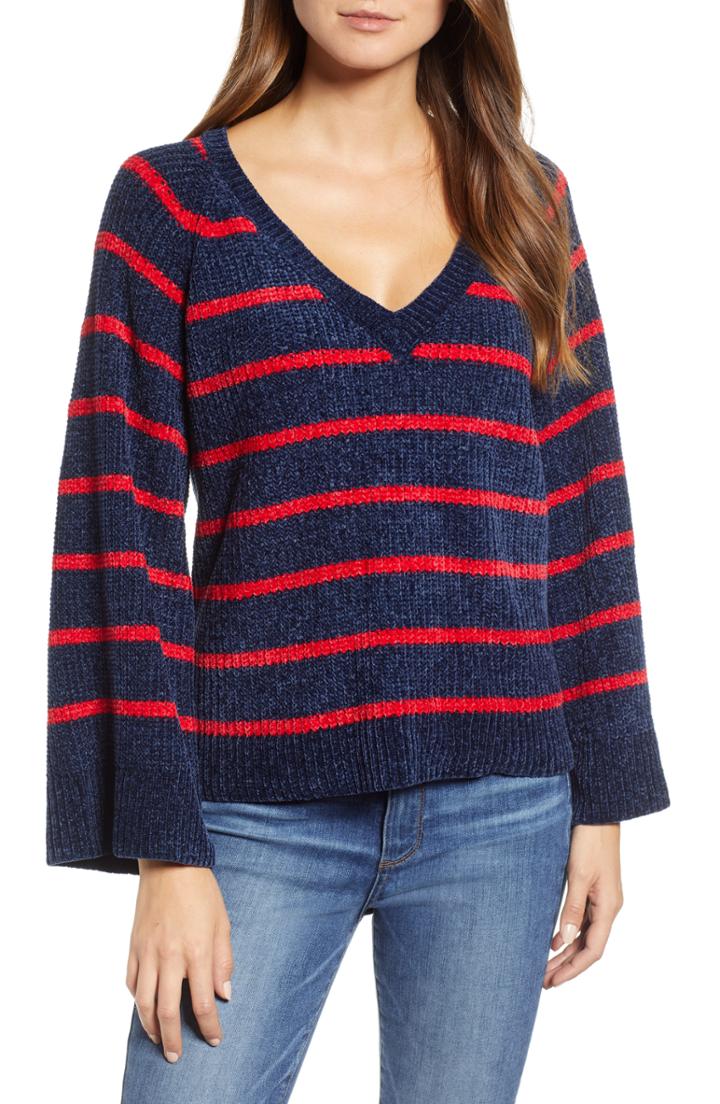 Women's & .layered Stripe V-neck Sweater - Blue