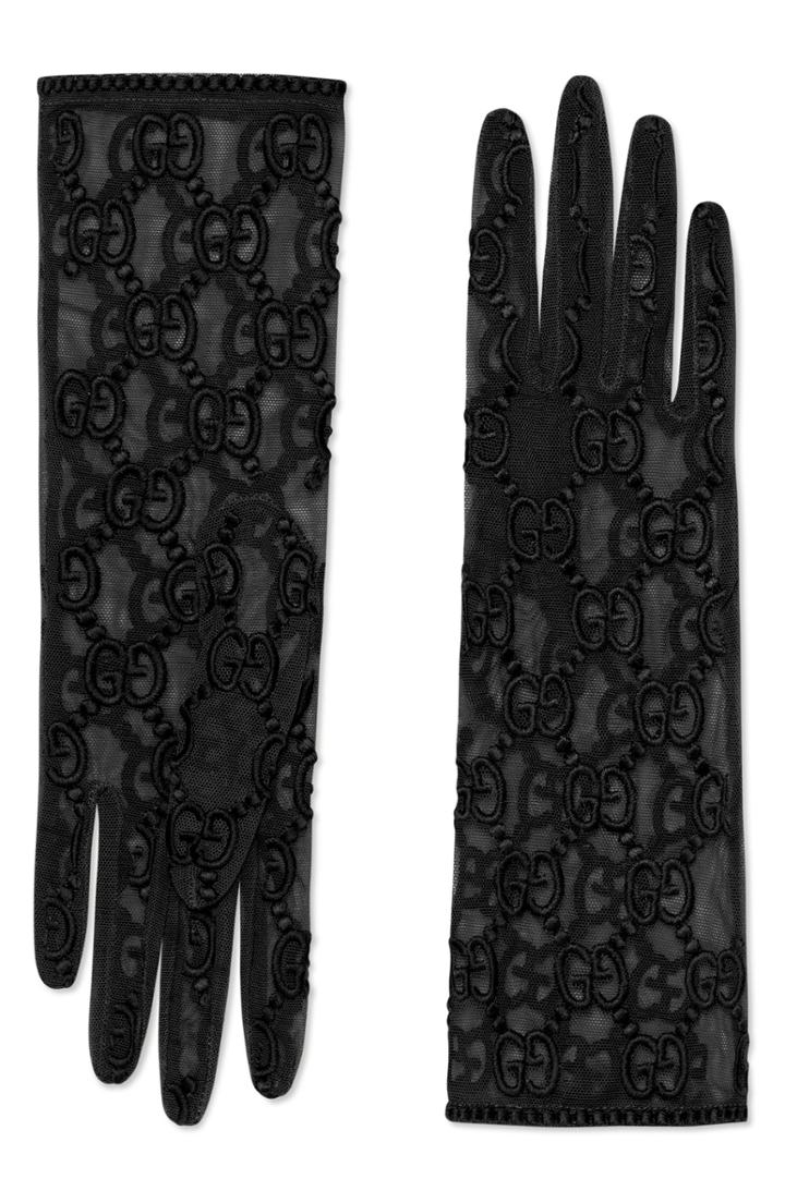 Women's Gucci Gg Embroidered Lace Tulle Gloves .5 - Black