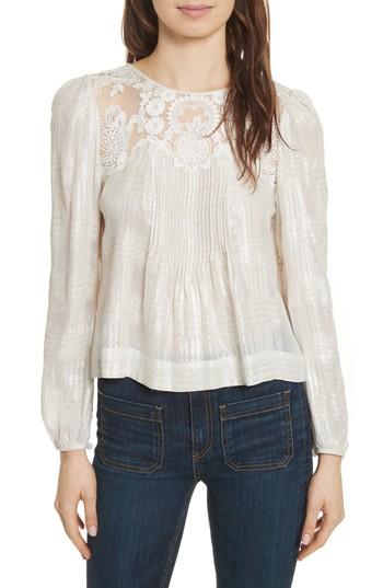 Women's Veronica Beard Ginesa Lace Yoke Metallic Blouse - White