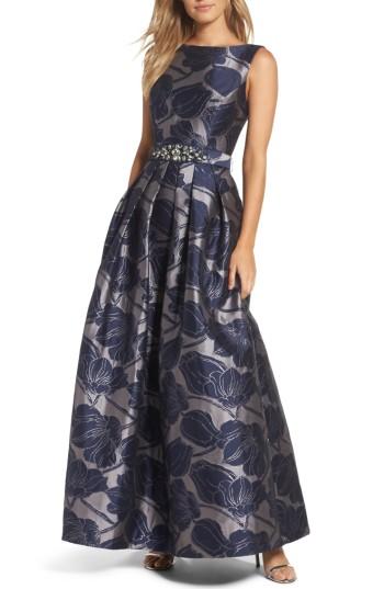 Women's Eliza J Embellished Belt Metallic Jacquard Ballgown