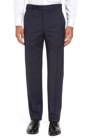 Men's Zanella Devon Flat Front Solid Wool Serge Trousers - Blue