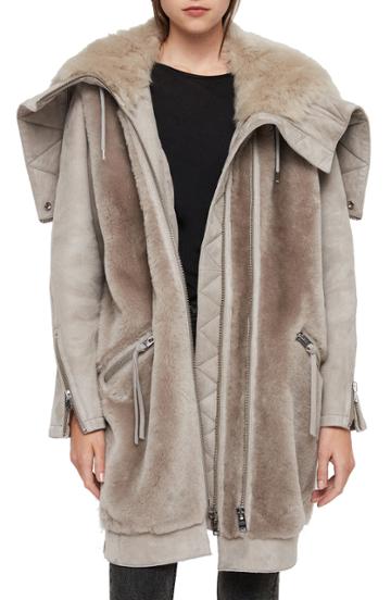 Women's Allsaints State Lux Suede Parka With Genuine Shearling Trim - Grey