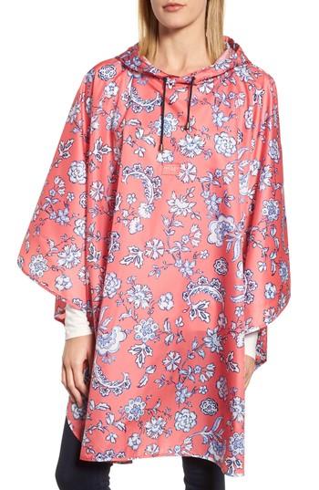 Women's Joules Right As Rain Print Packable Hooded Poncho, Size - Red