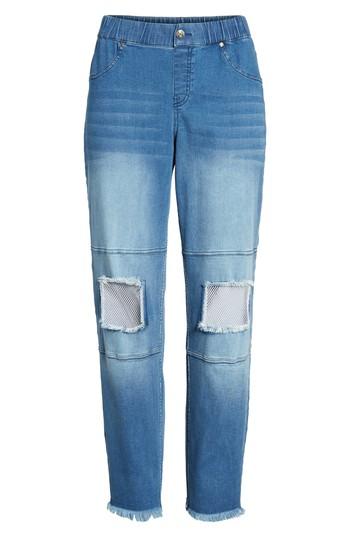 Women's Hue Fishnet Knee Patch Denim Skimmer Leggings