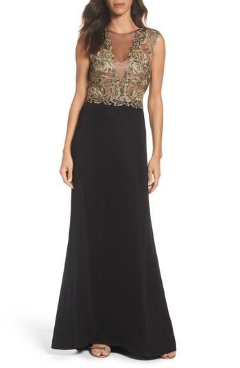 Petite Women's Tadashi Shoji Embroidered Mesh & Crepe Gown P - Black