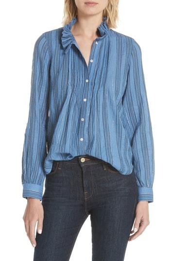 Women's La Vie Rebecca Taylor Metallic Stripe Ruffle Neck Blouse - Blue
