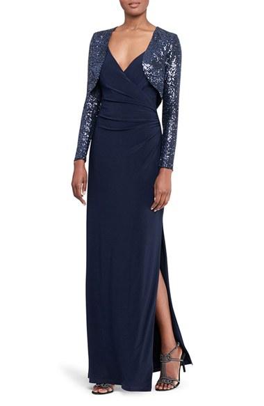 Women's Lauren Ralph Lauren Ruched Faux Wrap Gown With Sequin Bolero