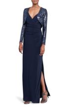 Women's Lauren Ralph Lauren Ruched Faux Wrap Gown With Sequin Bolero