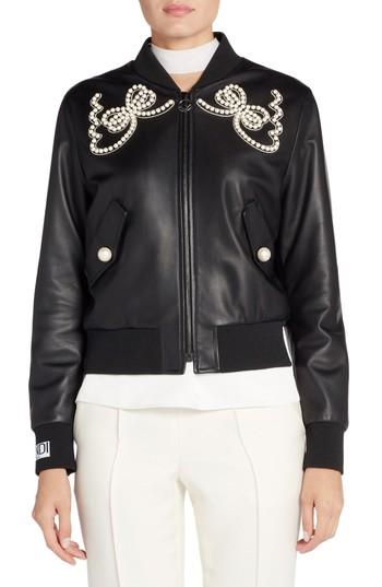 Women's Fendi Embellished Bow Leather Bomber Us / 48 It - Black