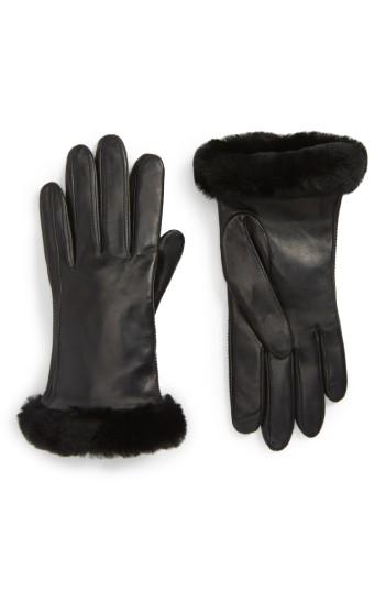 Women's Ugg Classic Leather Tech Gloves With Genuine Shearling Trim - Black