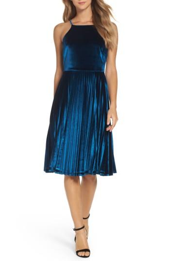 Women's Chelsea28 Pleated Velvet Fit & Flare Dress - Blue/green