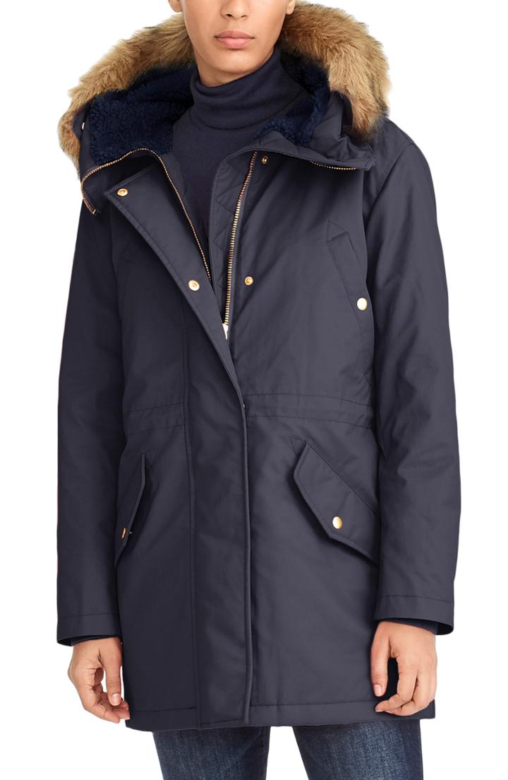 Women's J.crew Perfect Winter Parka With Faux Fur Trim, Size - Blue