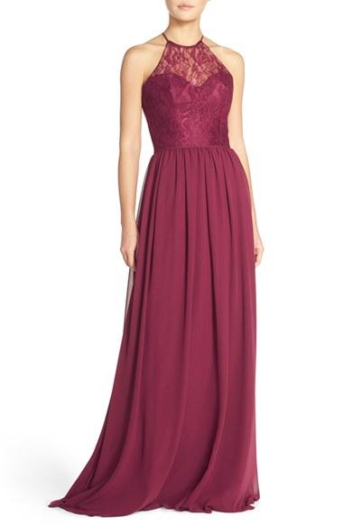 Women's Hayley Paige Occasions Lace & Chiffon Halter Gown - Burgundy