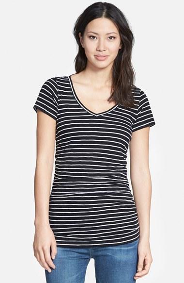 Petite Women's Caslon Shirred V-neck Tee P - Black