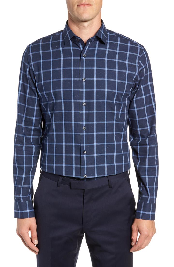 Men's Calibrate Trim Fit Windowpane Dress Shirt .5 - 32/33 - Blue