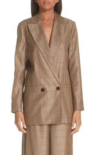 Women's Ganni Double Breasted Check Silk & Wool Blazer Us / 34 Eu - White