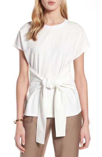 Petite Women's Halogen Wrap Detail Stretch Knit Top, Size P - Ivory