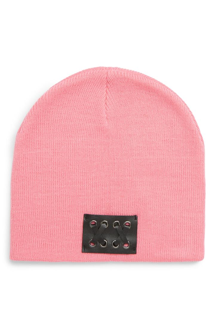 Women's Bp. Faux Leather Patch Knit Beanie - Pink