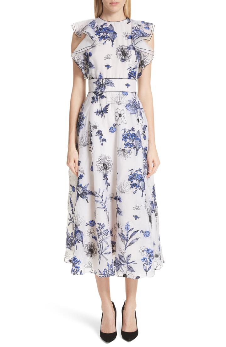 Women's Lela Rose Embroidered Silk Ruffle Midi Dress