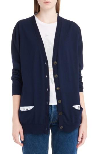Women's Loewe Logo Wool Blend Cardigan - Blue