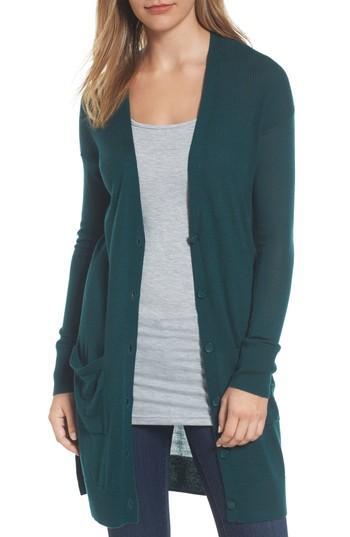 Petite Women's Halogen Rib Knit Wool Blend Cardigan, Size P - Green