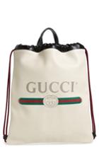 Gucci Logo Leather Drawstring Backpack - White
