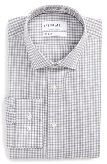 Men's Calibrate Trim Fit Stretch Non-iron Check Dress Shirt 32/33 - Grey