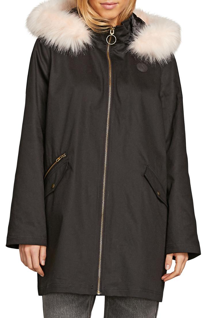 Women's Volcom Pow Now Removable Faux Fur Trim Parka - Black