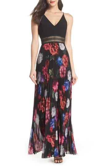 Women's Xscape Floral Pleated Gown - Black