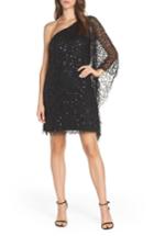 Women's Adrianna Papell One-shoulder Beaded Cape Sleeve Cocktail Shift - Black