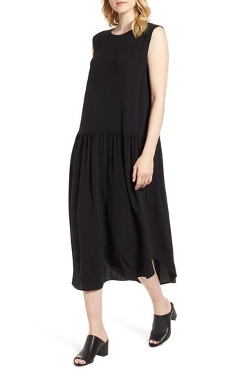 Women's Eileen Fisher Drop Waist Silk Midi Dress, Size - Black