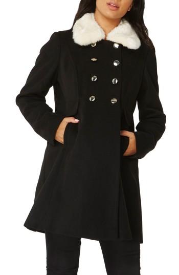 Women's Dorothy Perkins Fit & Flare Peacoat With Removable Faux Fur Trim Us / 10 Uk - Black