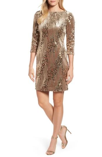 Petite Women's Eliza J Sequin & Velvet Sheath Dress P - Brown