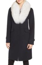 Women's Derek Lam 10 Crosby Wool Blend Reefer Coat With Genuine Fox Fur Trim - Blue