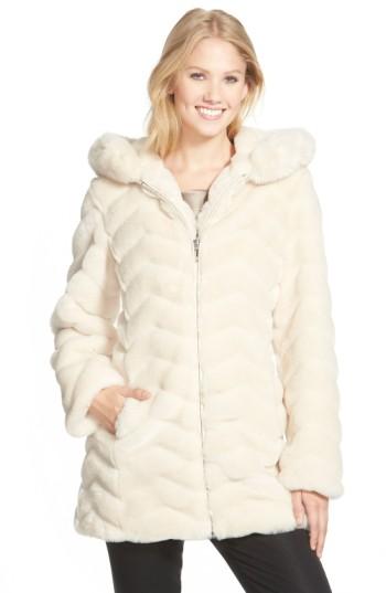 Women's Gallery Hooded Chevron Faux Fur Coat - Beige