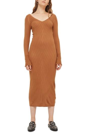 Women's Topshop Double V-neck Ribbed Midi Dress Us (fits Like 0) - Beige