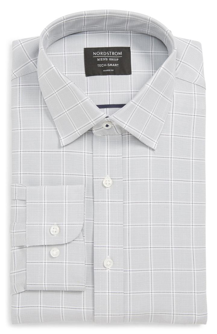 Men's Nordstrom Men's Shop Tech-smart Traditional Fit Stretch Check Dress Shirt 34/35 - Grey