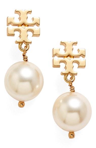 Women's Tory Burch Logo Faux Pearl Drop Earrings