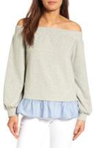 Petite Women's Halogen Poplin Hem Off The Shoulder Sweatshirt P - Grey