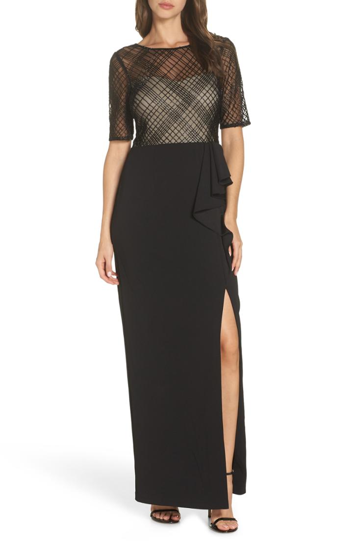 Women's Adrianna Papell Plaid Bead Bodice Gown - Black