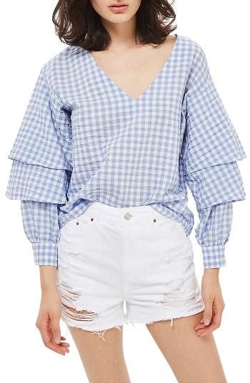 Women's Topshop Layered Sleeve Gingham Top Us (fits Like 0) - Blue