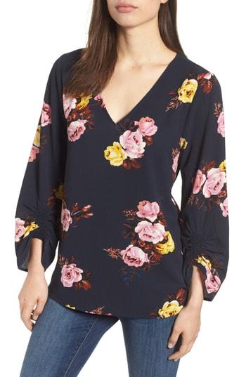 Women's Bobeau Ruched Sleeve Stretch Crepe Blouse, Size - Blue