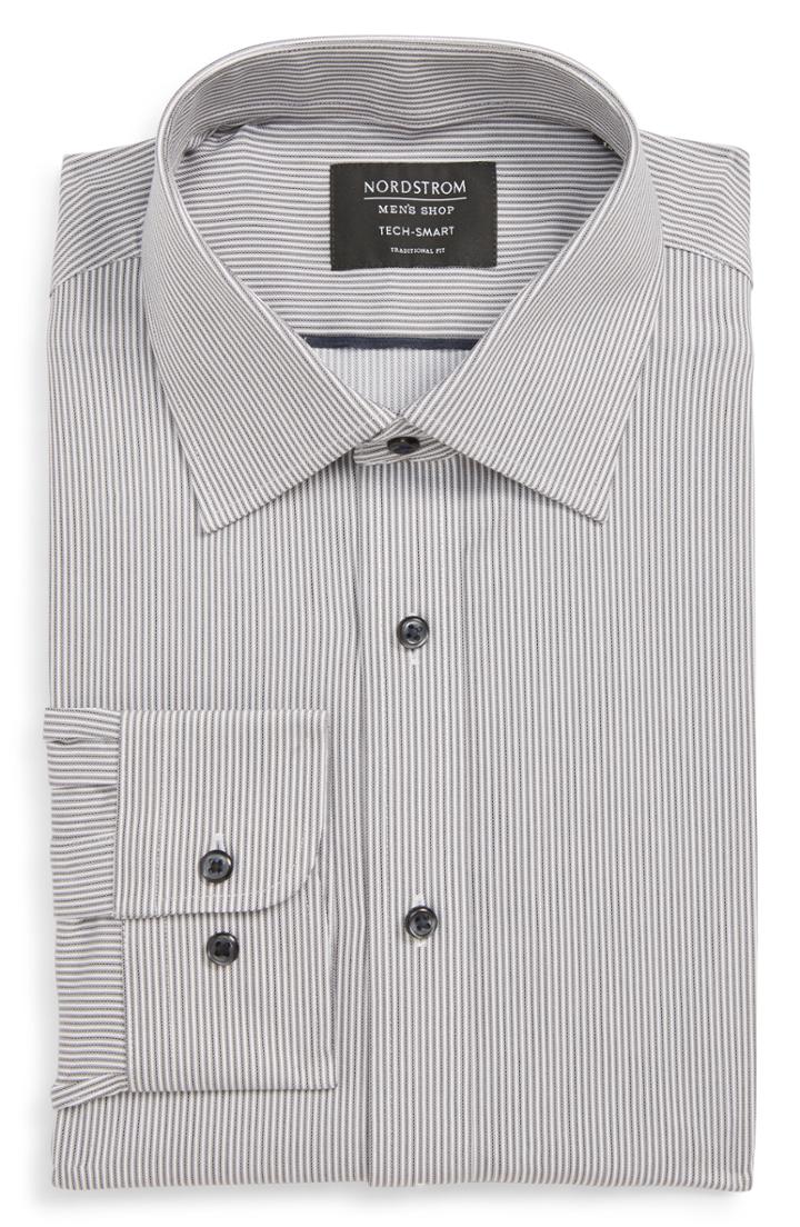 Men's Nordstrom Men's Shop Tech-smart Traditional Fit Stripe Stretch Dress Shirt .5 - 32/33 - Grey