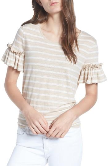 Women's Chelsea28 Stripe Ruffle Sleeve Linen Tee, Size - Beige