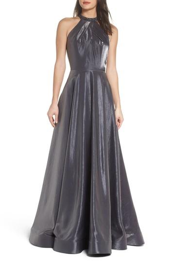 Women's La Femme Beaded Halter Neck A-line Gown - Metallic