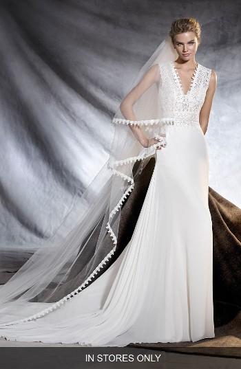 Women's Pronovias Orobia V-neck Gauze & Lace Sheath Gown, Size In Store Only - Ivory