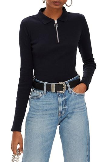 Women's Topshop Front Zip Polo Shirt Us (fits Like 0) - Blue